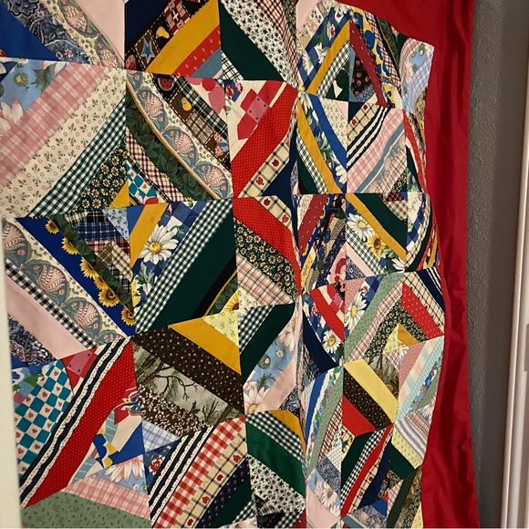 Handmade Patchwork Quilt Red Trim Baby Lap Throw Blanket Table Topper 48x48 - Picture 2 of 6